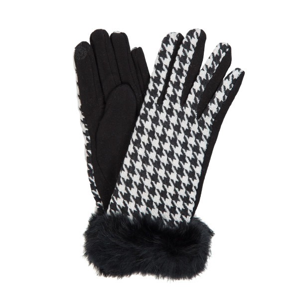 Wholesale black white houndstooth printed touch gloves black faux fur