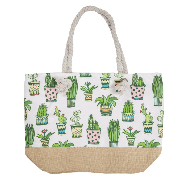 Wholesale canvas tote bag cactus print top zipper closure rope handles lining in