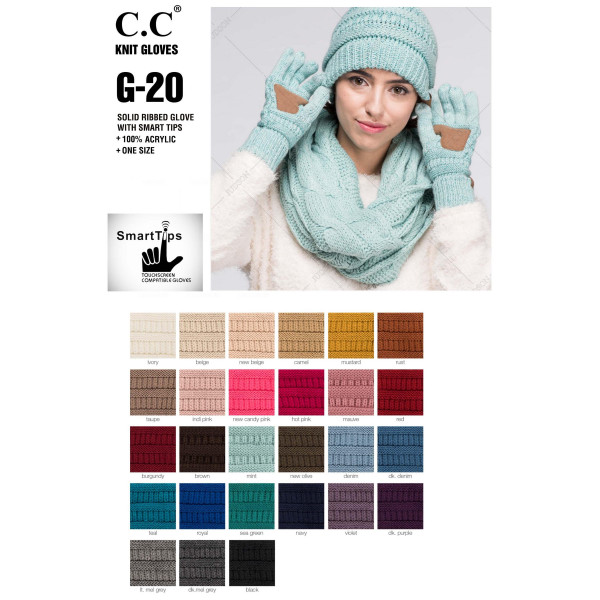 C.C G-20
Solid Ribbed Smart Touch Gloves.
- Touchscreen Compatible
- One size fits most 
- 100% Acrylic