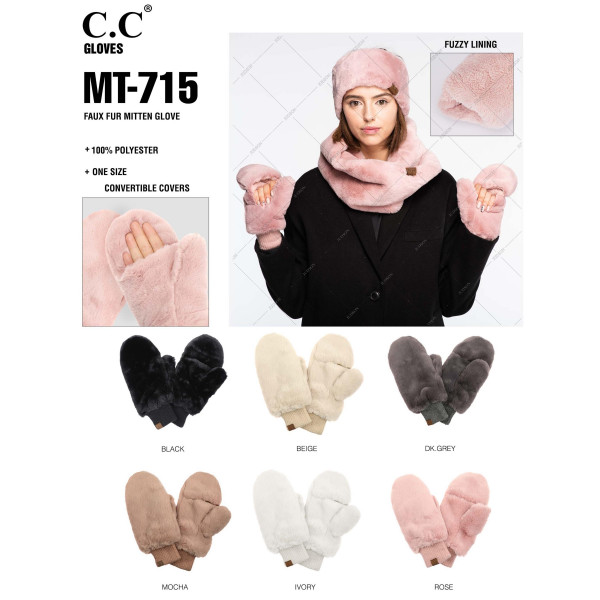 C.C MT-715
Faux Fur Mitten Glove
- One Size
- Convertible Covers
- 100% Polyester
