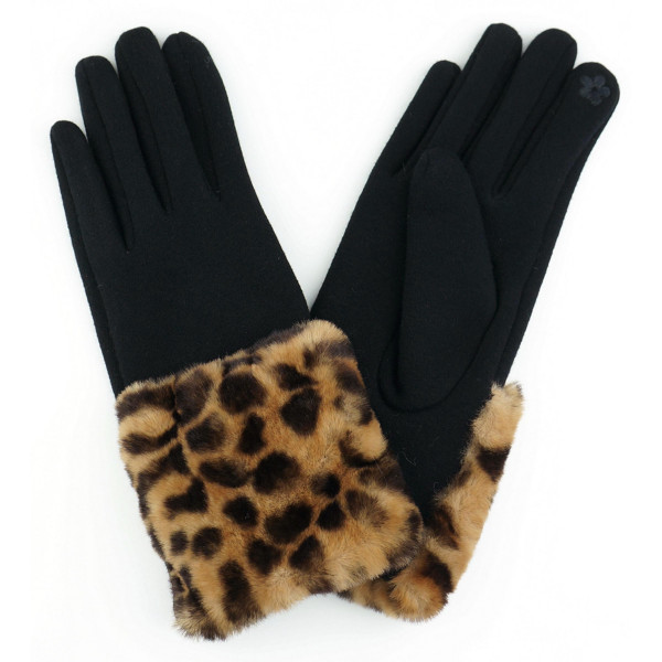 Wholesale faux fur leopard print cuff smart touch gloves One fits most Polyester