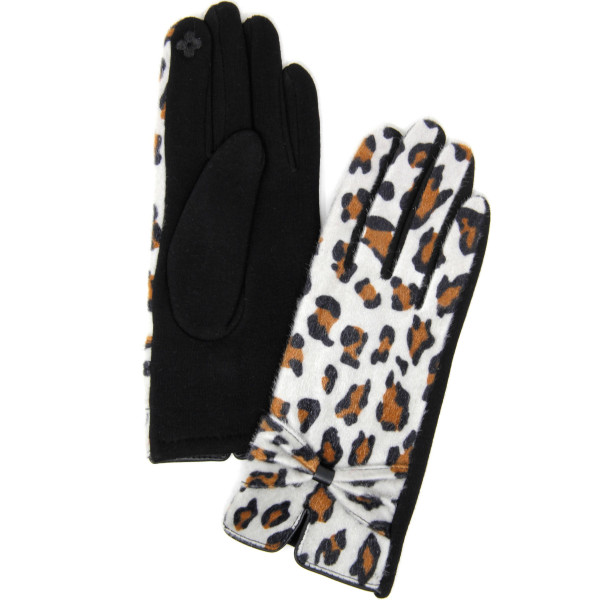 Wholesale fuzzy leopard print touch screen gloves bow tie detail One fits most P