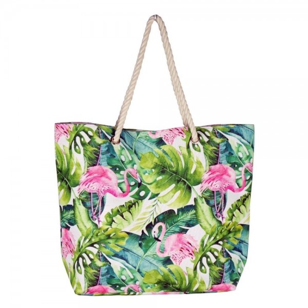 Wholesale tropical flamingo canvas beach bag rope strap details Button closure O