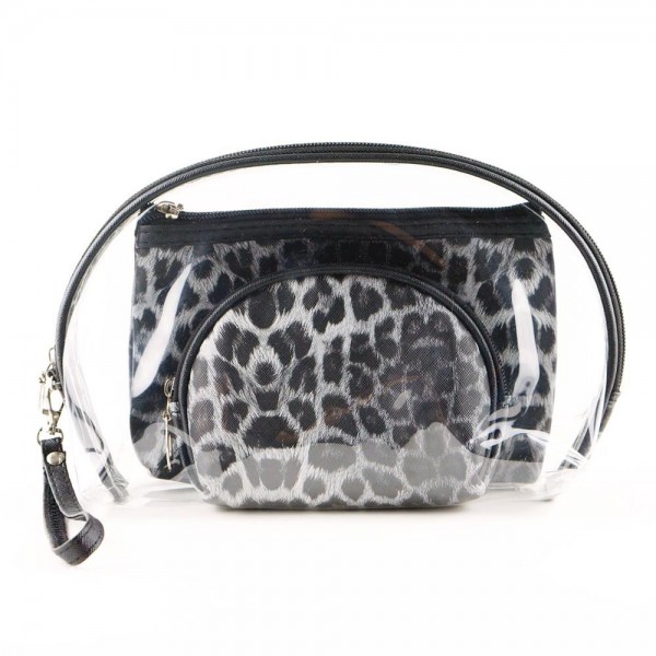 3 Piece Clear Leopard Print Travel Pouch Set.

- 3 pieces 
- Detachable wristlet approximately 6"
- Clear bag 8" W x 7" T
- Middle size bag 7" W x 5" T
- Smallest bag 5" W x 4.5" T
- 100% PU