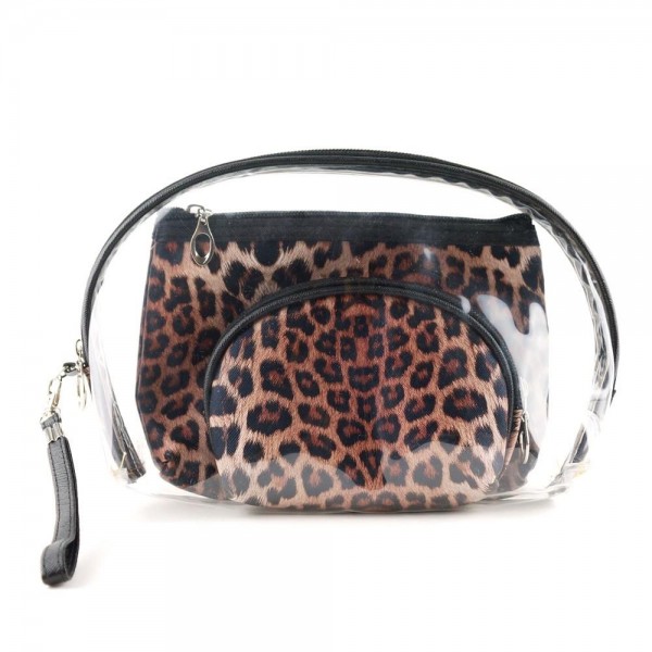 3 Piece Clear Leopard Print Travel Pouch Set.

- 3 pieces 
- Detachable wristlet approximately 6"
- Clear bag 8" W x 7" T
- Middle size bag 7" W x 5" T
- Smallest bag 5" W x 4.5" T
- 100% PU