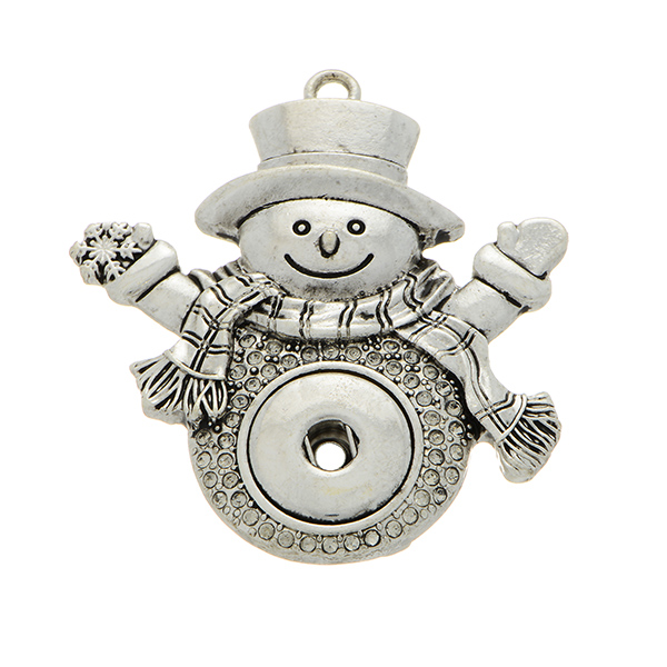 Silver tone ornament featuring a snowman with rhinestone decor. Snap on jewelry collection. Approximately 2 1/2" in length.