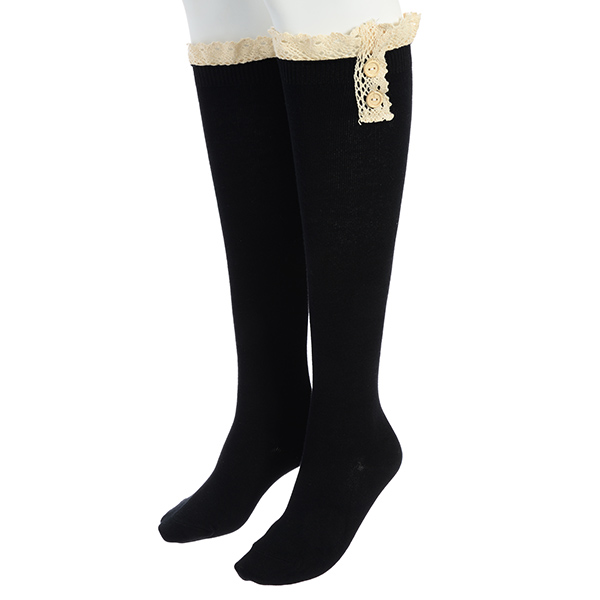 Wholesale jet black boot socks cream lace trim button Cotton spandex blend
