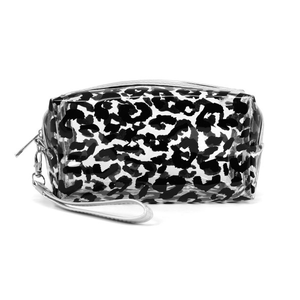 Clear leopard print travel pouch with wristlet.

- Detachable wristlet 7" L
- Approximately 10" W x 4" T
- 100% PVC