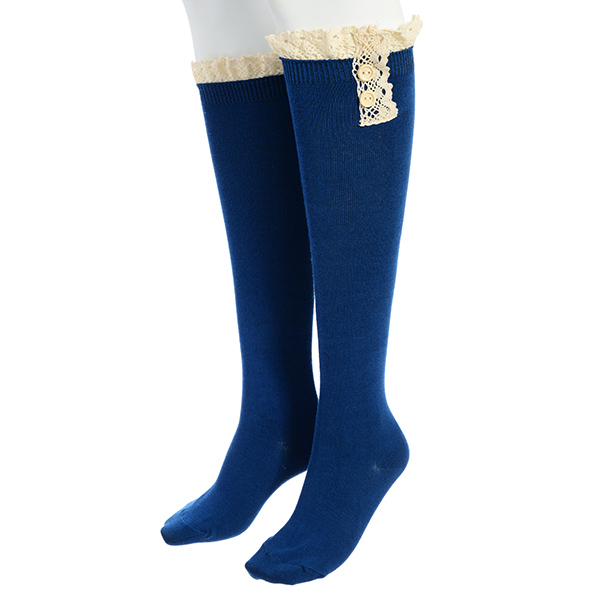 Wholesale blue boot socks cream lace trim wood buttons Cotton spandex blend
