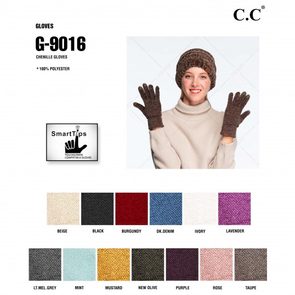 C.C G-9016
Solid Chenille Knit Smart Touch Gloves.
- Touchscreen Compatible 
- One Size Fits Most
- 100% Polyester
