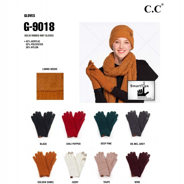 C.C G-9018
Solid Ribbed Knit Smart Touch Gloves 
- Touchscreen Compatible 
- One Size
- 42% Acrylic / 32% Polyester / 26% Nylon