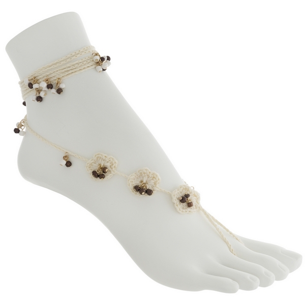 Wholesale set two fashion foot jewelry anklets ivory crochet flowers brown white