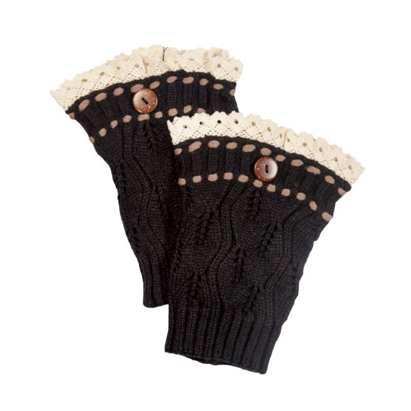 Wholesale black knit boot cuffs threaded brown knit string ivory lace rimmed to