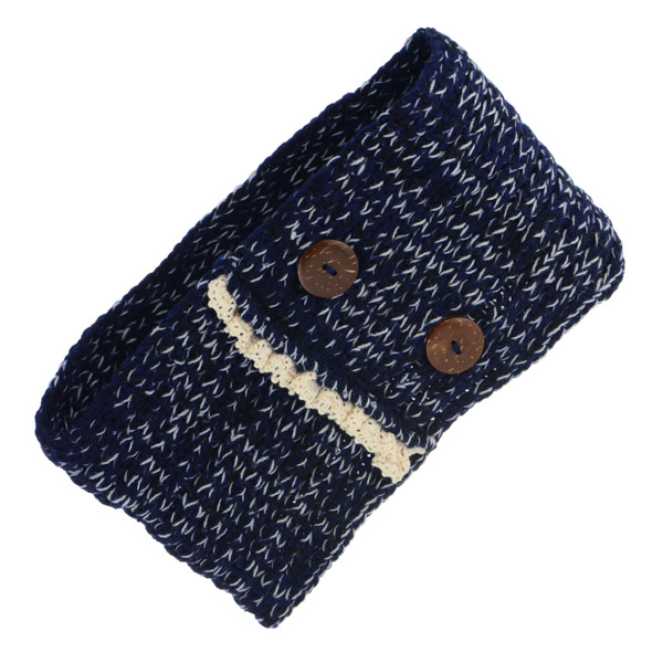 Wholesale navy blue head wrap ear warmer ivory lace brown wood buttons
