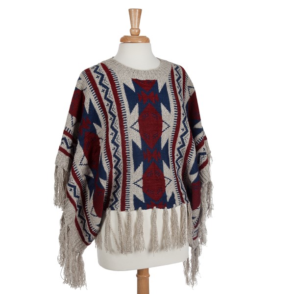 Wholesale burgundy navy ivory Aztec inspired poncho tassels Acrylic One fits mos