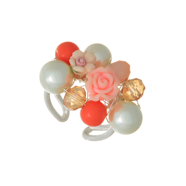 Wholesale silver adjustable ring cluster faux ivory pearls coral beads roses