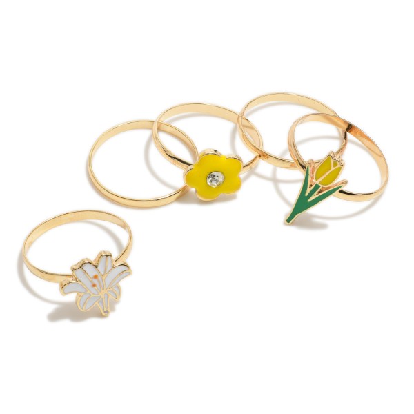 Set of Five Rings Featuring Flowers

- Rings are Size 7