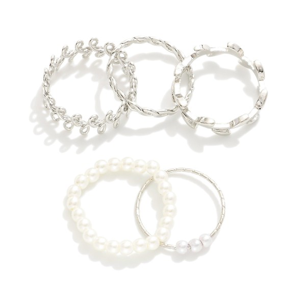 Wholesale set Five Metal Stackable Rings Pearl Accents