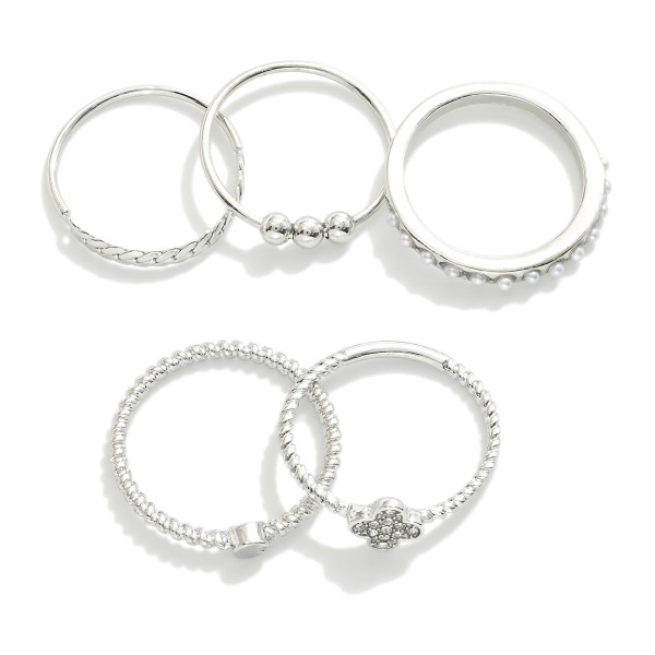 Wholesale set Five Stackable Rings Rhinestones Pearls