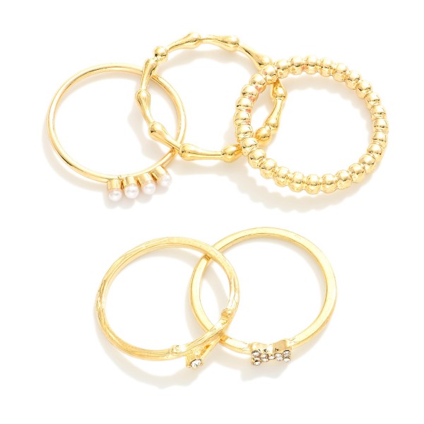Wholesale set Five Metal Stackable Rings Pearl Rhinestone Accents