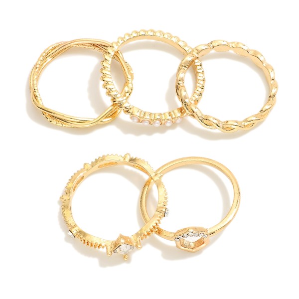 Wholesale set Five Metal Stackable Rings Rhinestone Pearl Accents