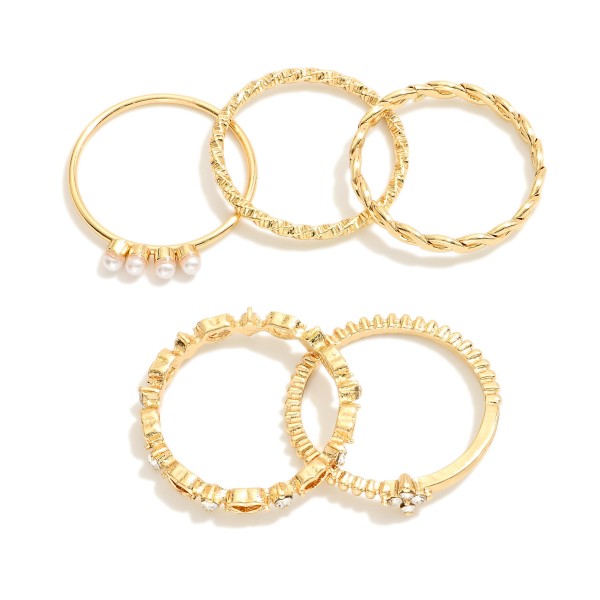 Wholesale set Five Metal Stackable Rings Rhinestone Pearl Accents