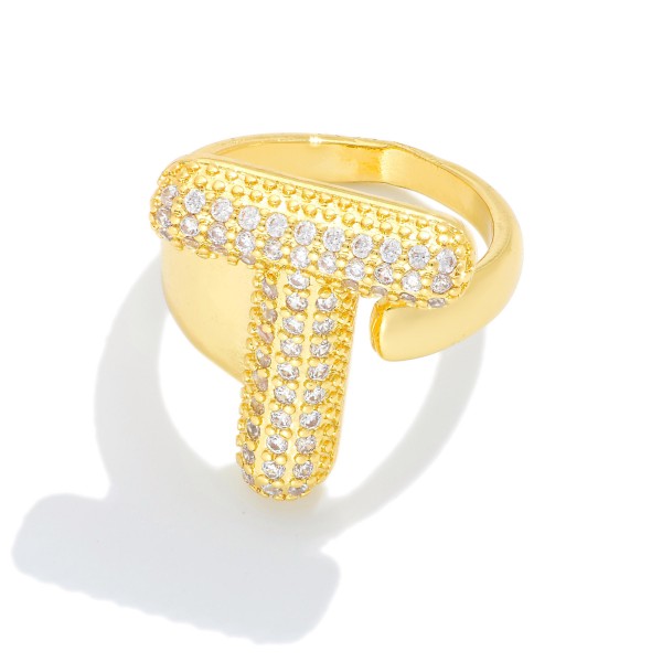 Wholesale pave Cubic Zirconia Initial Ring K Gold Plated Adjustable