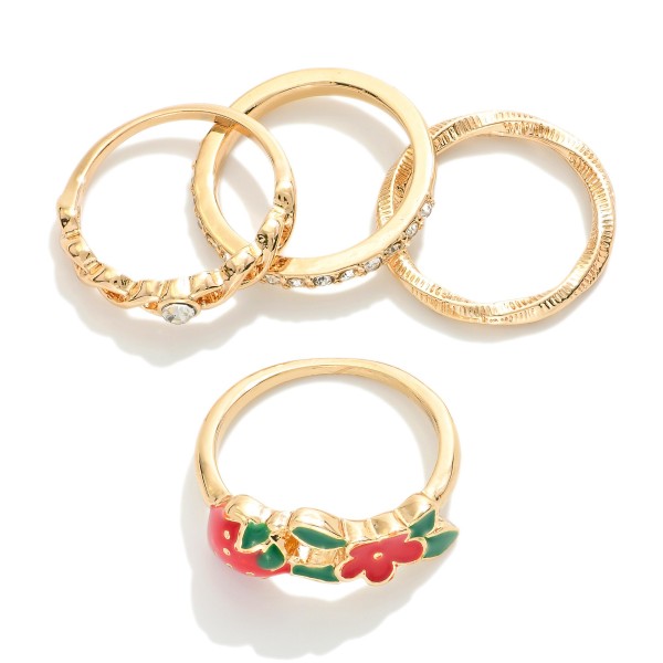 Wholesale set Four Metal Rhinestone Rings Strawberry Flower Accents