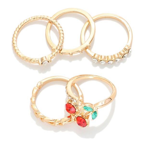 Wholesale set Five Metal Rhinestone Rings Cherries Accent