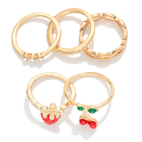 Wholesale set Five Metal Rhinestone Rings Cherries Strawberry Accents