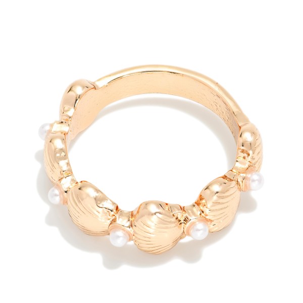 Metal Tone Shells & Pearls Ring 

- Size 7 