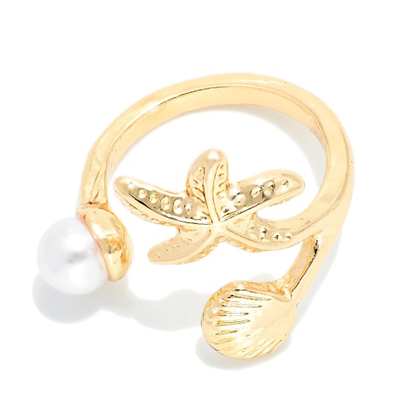 Metal Tone Starfish & Shell Ring With Pearl Detail 

- Size 7 
