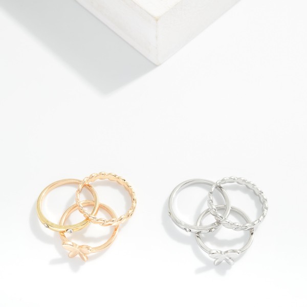 Set Of Three Stackable Rings Featuring Butterfly & Rhinestones

- Size 7-8
