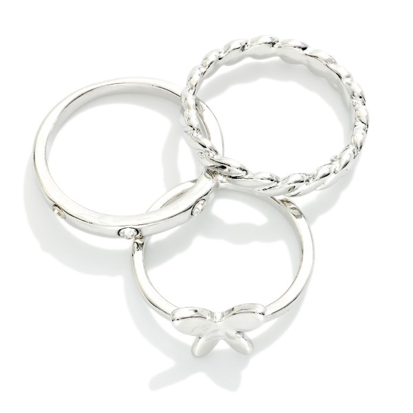 Set Of Three Stackable Rings Featuring Butterfly & Rhinestones

- Size 7-8