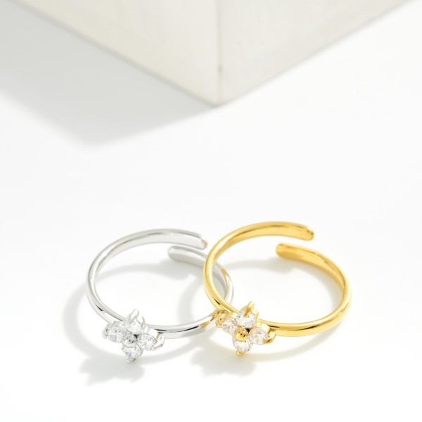 Metal Tone Ring Featuring Rhinestone Clover Detail 

- Size 7 
