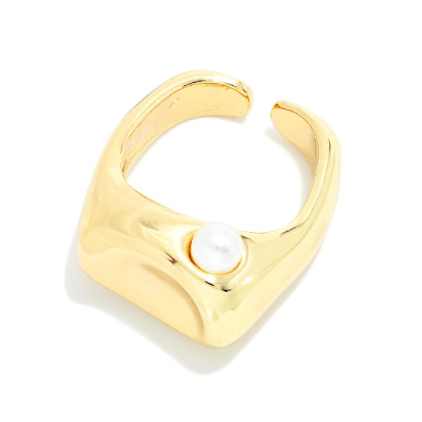Metal Tone Concave Signet Ring With Pearl Detail 

- Gold Dipped 
- Size 9