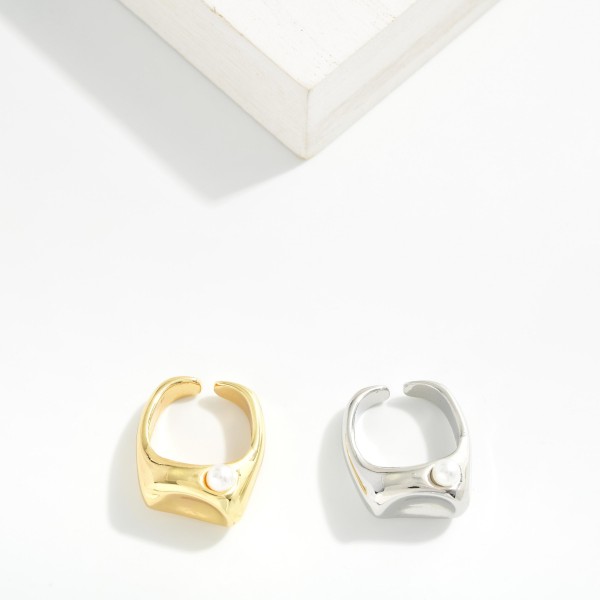 Metal Tone Concave Signet Ring With Pearl Detail 

- Gold Dipped 
- Size 9