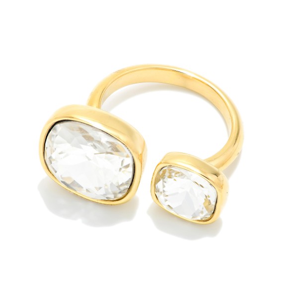 Double Crystal Open Ring with two faceted stones set side by side on a polished adjustable band for a modern, two stone look. The oversized cushion and oval cuts catch the light beautifully for holiday parties and special occasions. Adjustable sizing fits most fingers, making it a simple gift choice. Sparkly cocktail rings at an accessible price are a reliable impulse buy and stack well with everyday bands.