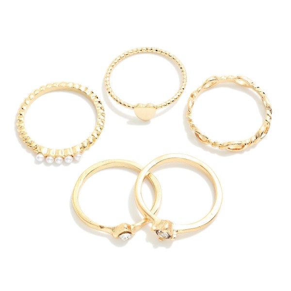 Set Of 5 Metal Tone, Pearl, & Rhinestone Ring Bands

- Size 7 
