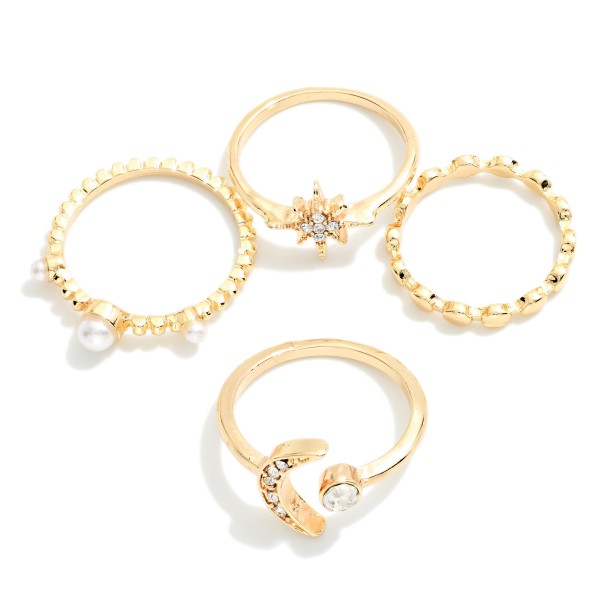 Set Of 5 Metal Tone, Pearl, & Rhinestone Ring Bands

- Size 7 