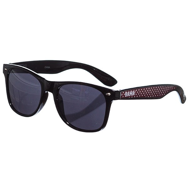 Officially licensed University of Alabama black frame sunglasses with the Bama trim and polka dots.