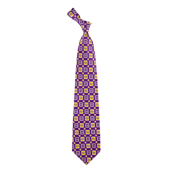 Wholesale mens silk yellow purple tie LSU Logo medallions