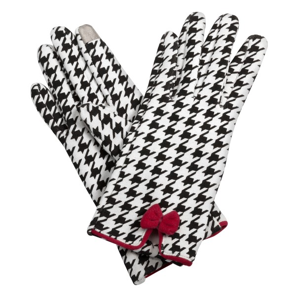 Wholesale black white houndstooth touchscreen gloves red bow Cotton acrylic One