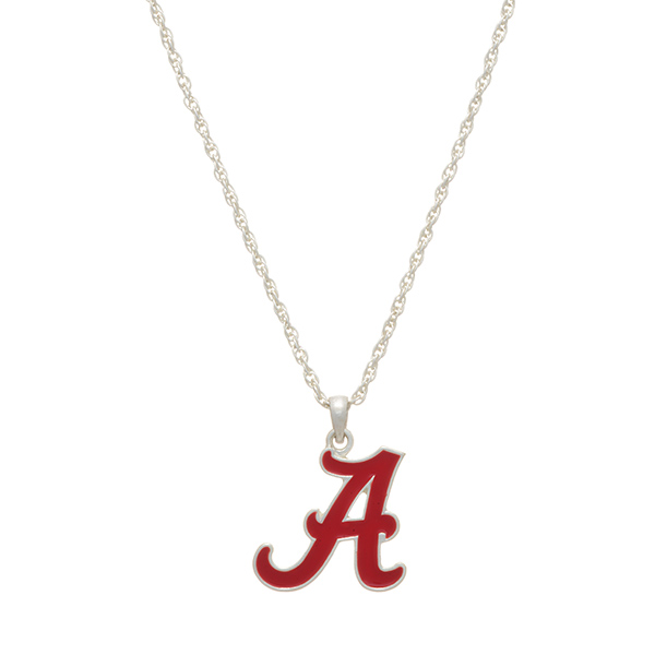 Silver tone officially licensed collegiate necklace featuring a University of Alabama charm. Approximately 17" in length.