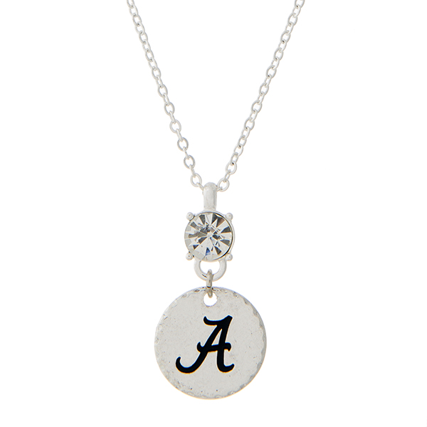 Silver tone necklace with an officially licensed rhinestone and a University of Alabama pendant. Approximately 18"in length.