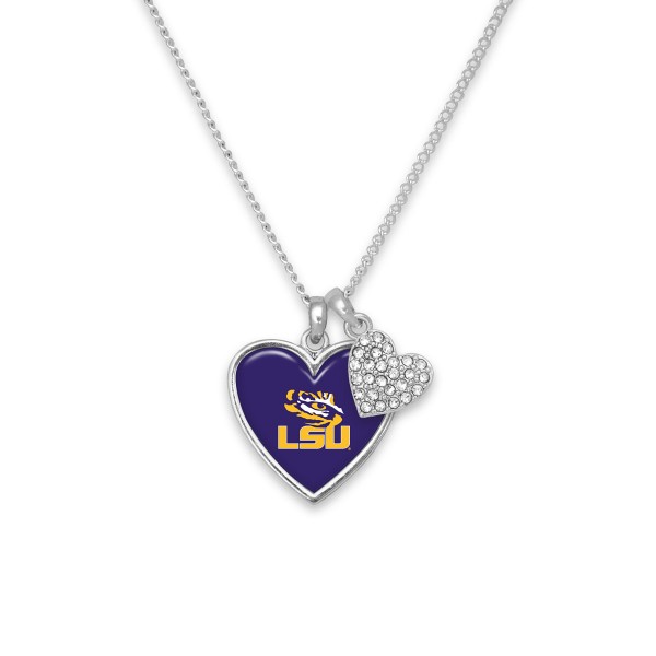 Wholesale officially Licensed Silver LSU Heart Charm Necklace Rhinestone Accent