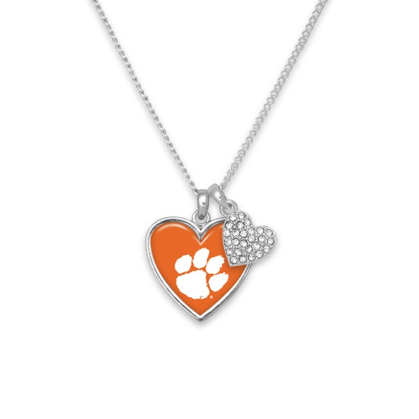 Wholesale officially Licensed Silver Clemson Heart Charm Necklace Rhinestone Acc
