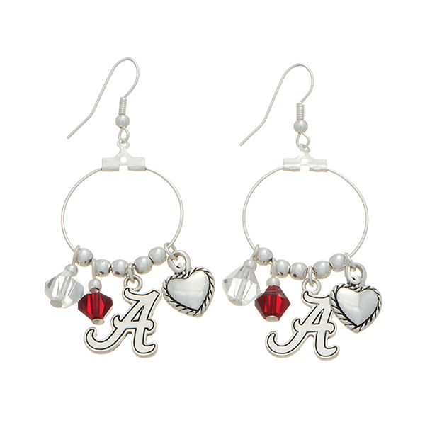 Silver tone officially licensed fishhook earrings featuring Alabama charm. Approximately 1" in length.