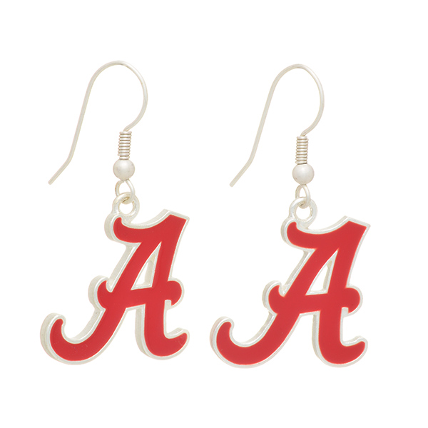 Silver tone officially licensed fishhook earrings featuring The University of Alabama logo. Approximately 1" in length.