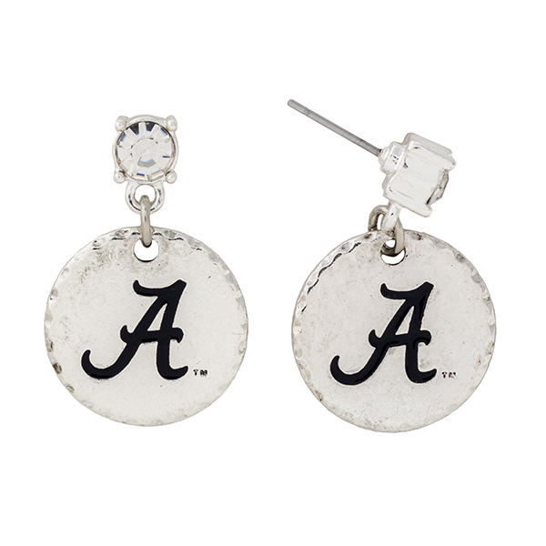 Silver tone post style earrings with a rhinestone and a dangling officially licensed University of Alabama disk. Overall length approximately 1 1/8".